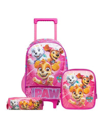 Kit Mochila de Rodinha + Lancheira Térmica + Estojo Infantil Feminino Patrulha Canina Skye e Equipe Rosa