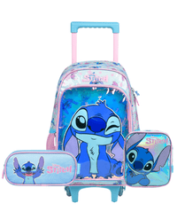Kit Mochila de Rodinha, Lancheira Térmica e Estojo Escolar Feminino Stitch Azul