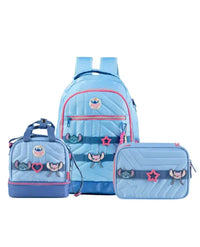 Kit Mochila Escolar + Lancheira Térmica + Estojo Feminino Stitch Star Azul
